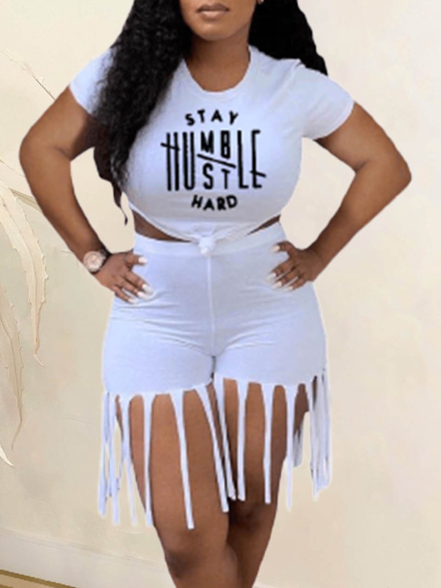 

LW Street Letter Print Tassel Design White Two Piece Shorts Set