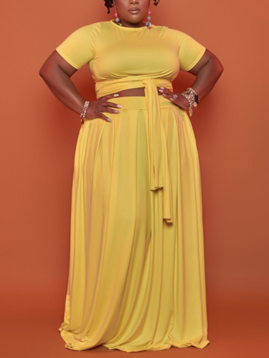 

Lovely Plus Size Casual O Neck Bandage Design Yellow Two-piece Skirt Set