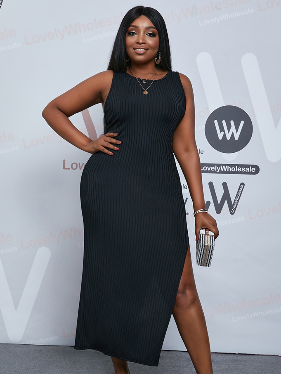 

Lovely Plus Size Elegant Rib-Knit Split Black Mid Calf Dress