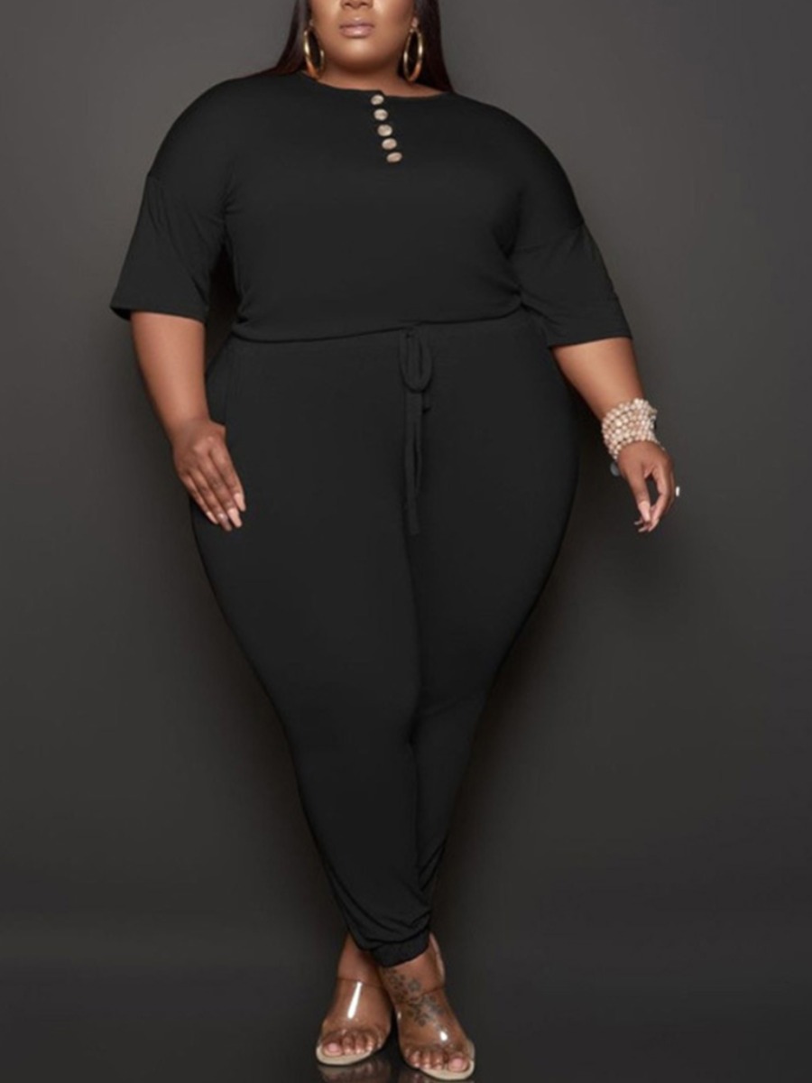 

Lovely Plus Size Casual Button Design Drawstring Black One-piece Jumpsuit