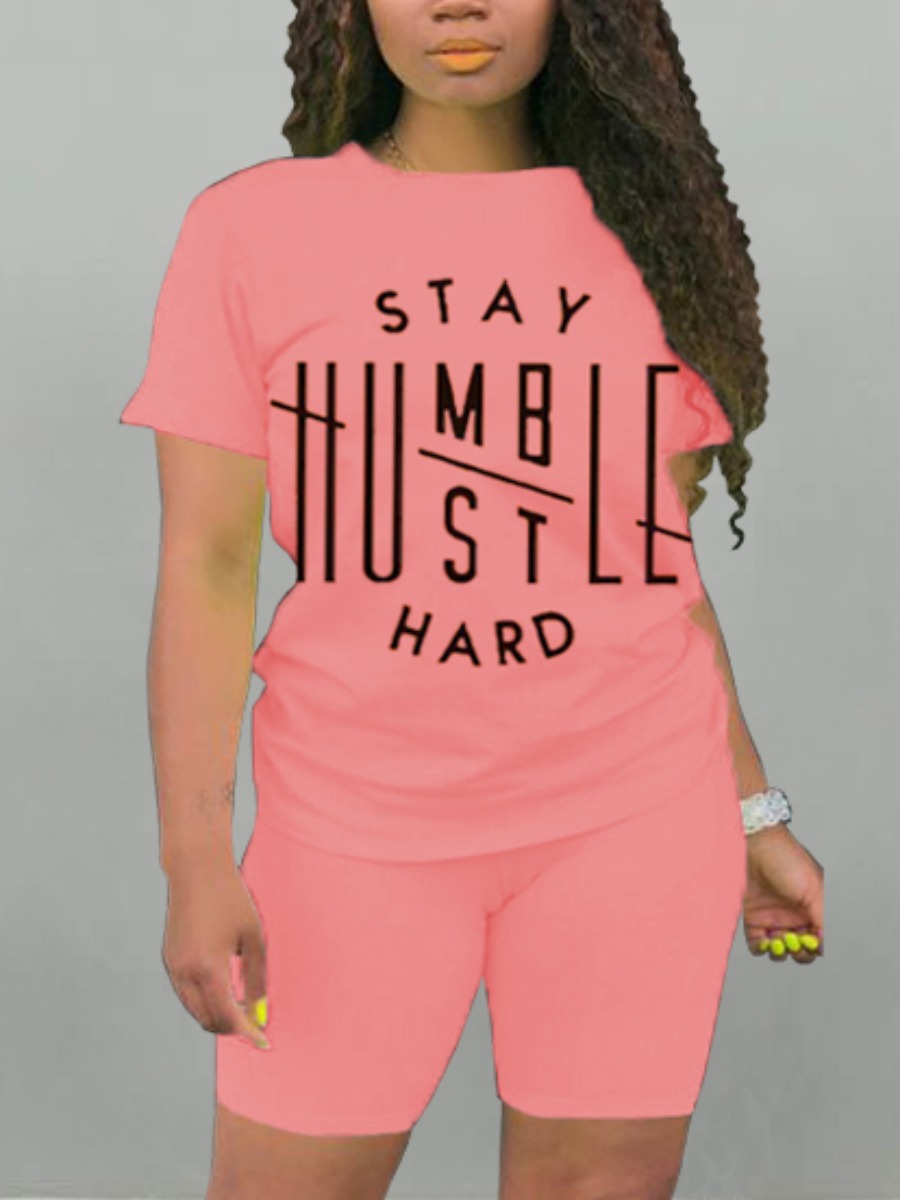 

LW BASICS Casual O Neck Letter Print Pink Two Piece Shorts Set