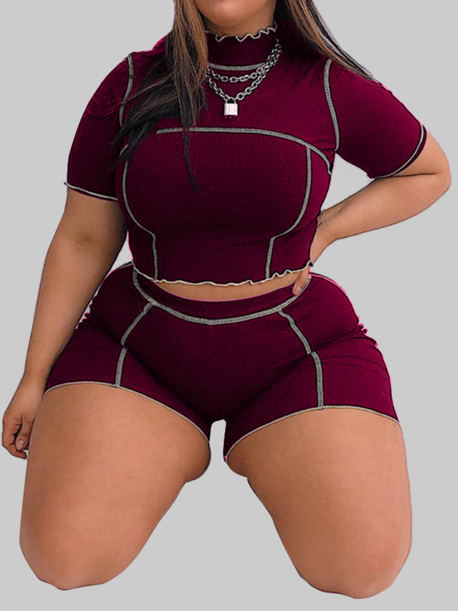 

Lovely Plus Size Sporty Striped Lettuce Trim Wine Red Two-piece Shorts Set