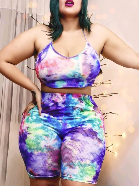 

Lovely Plus Size Casual Rib-Knit Tie-dye Violet Two-piece Shorts Set