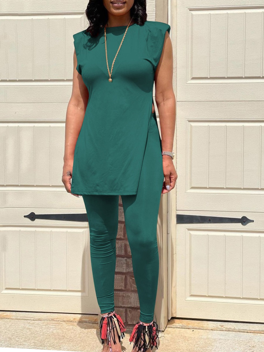 

Lovely Casual Cap Sleeve Split Black Green Two Piece Pants Set