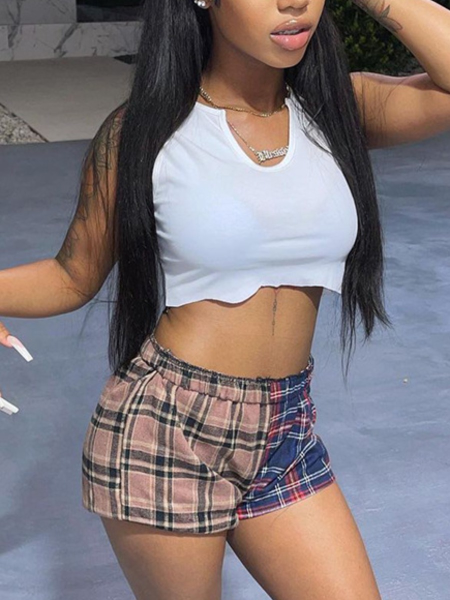 

Lovely Street U Neck Plaid Print White Two Piece Shorts Set