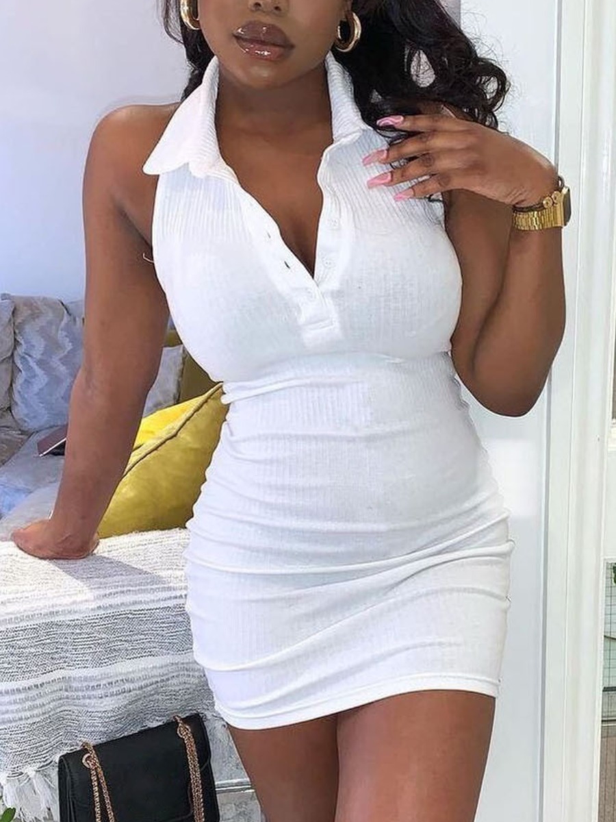 

LW BASICS Casual Turndown Collar Button Design White Mini Dress