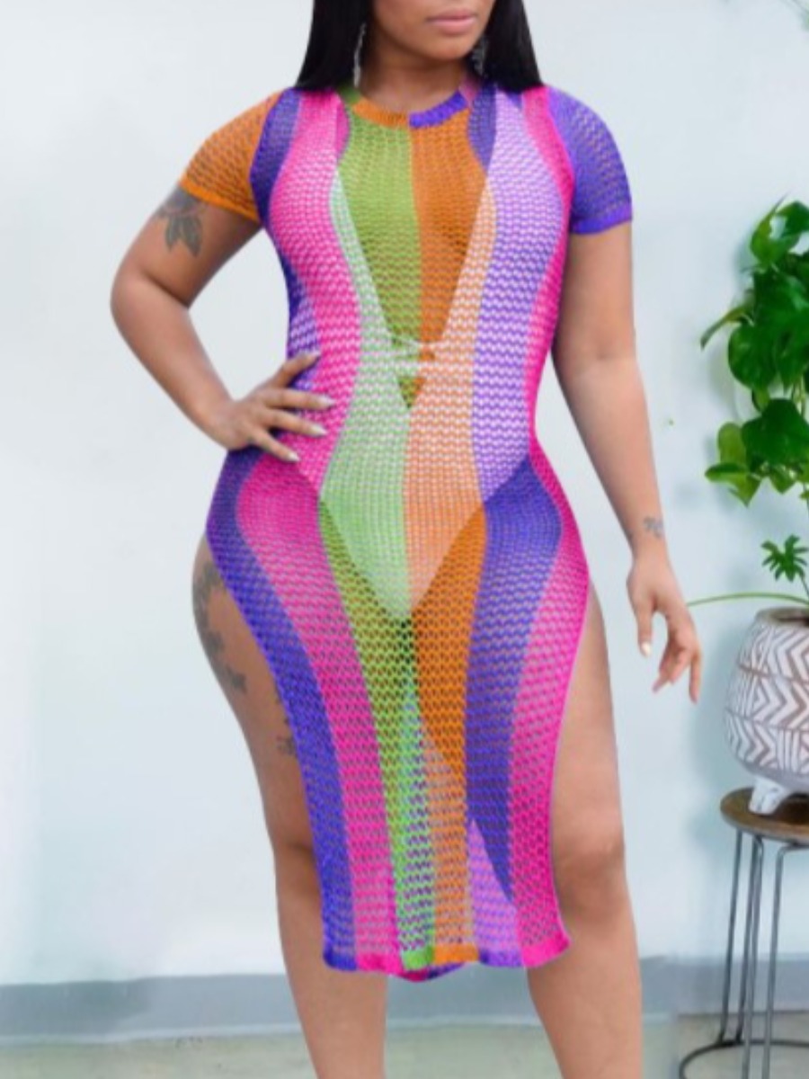 

LW Boho See-through Striped Split Multicolor Cover-up, Multi