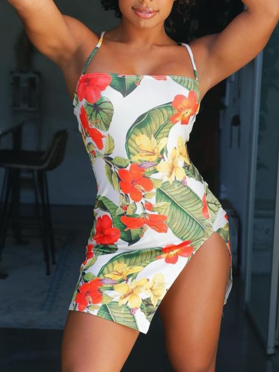 

Lovely Casual Floral Print Split White Mini Dress