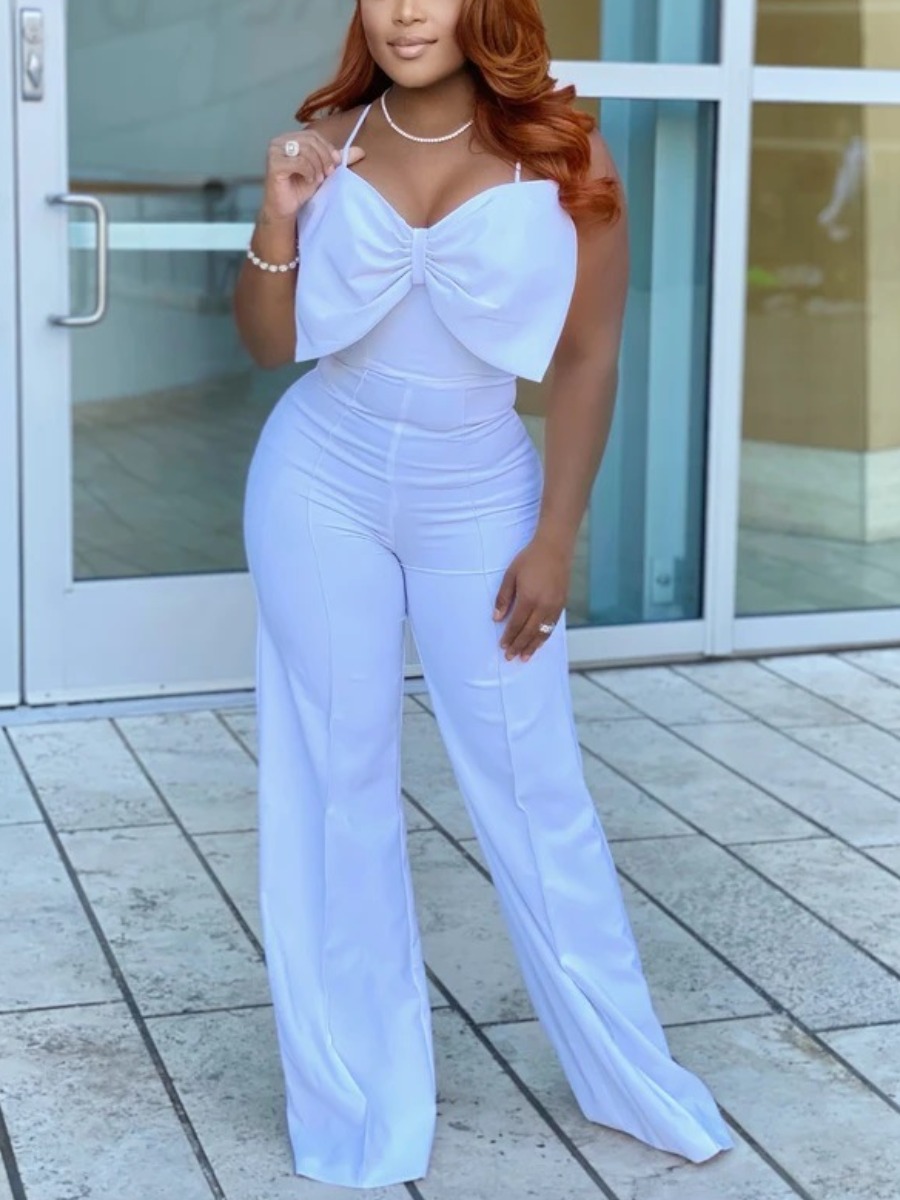 

LW Elegant Bow-tie Decoration White One-piece Jumpsuit