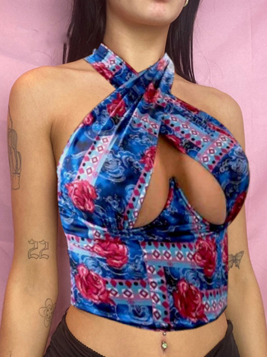 

Lovely Sexy Backless Print Hollow-out Blue Camisole