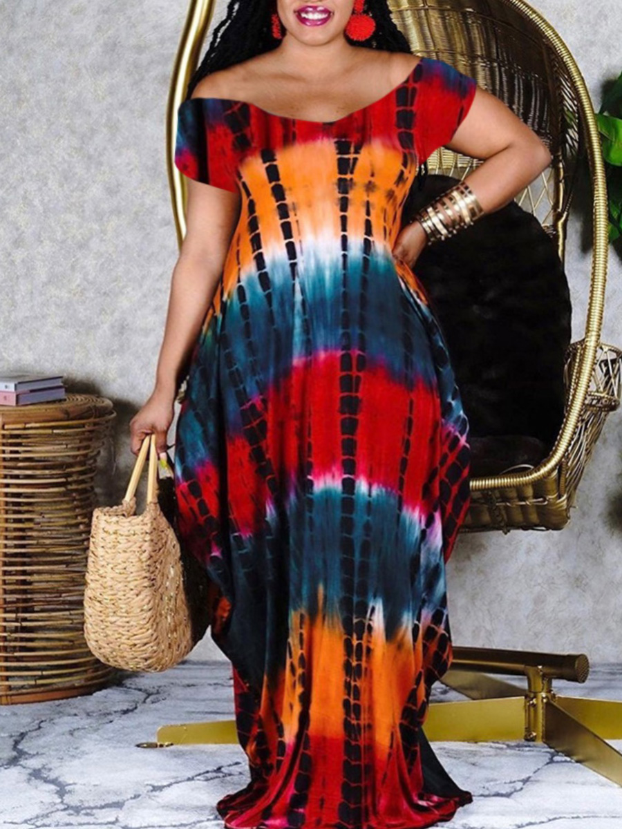 

LW BASICS Plus Size Boho Boat Neck Tie-dye Multicolor Floor Length Dress, Multi