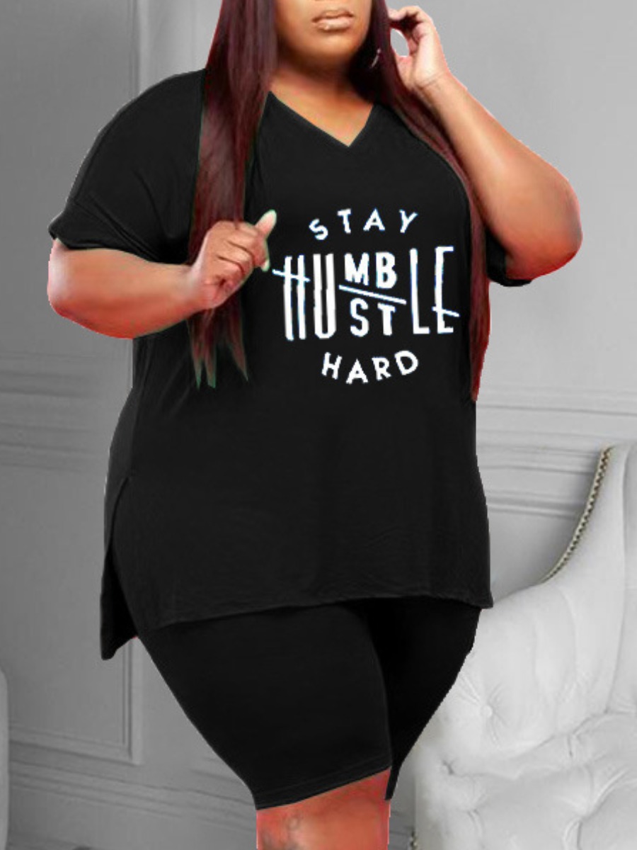 

Lovely Plus Size Casual Letter Print Split Black Two-piece Shorts Set