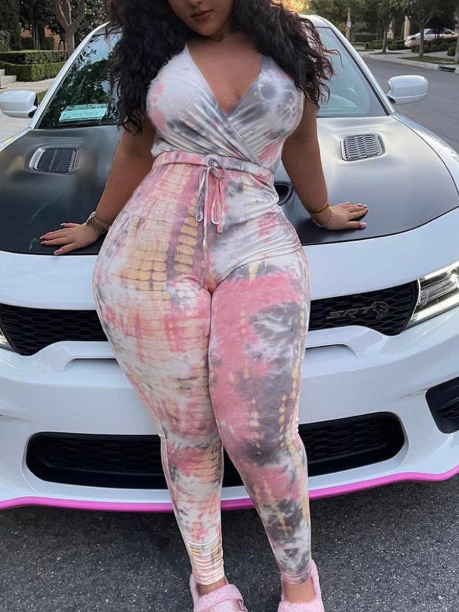 

Lovely Plus Size Street V Neck Tie-dye Light Pink One-piece Jumpsuit