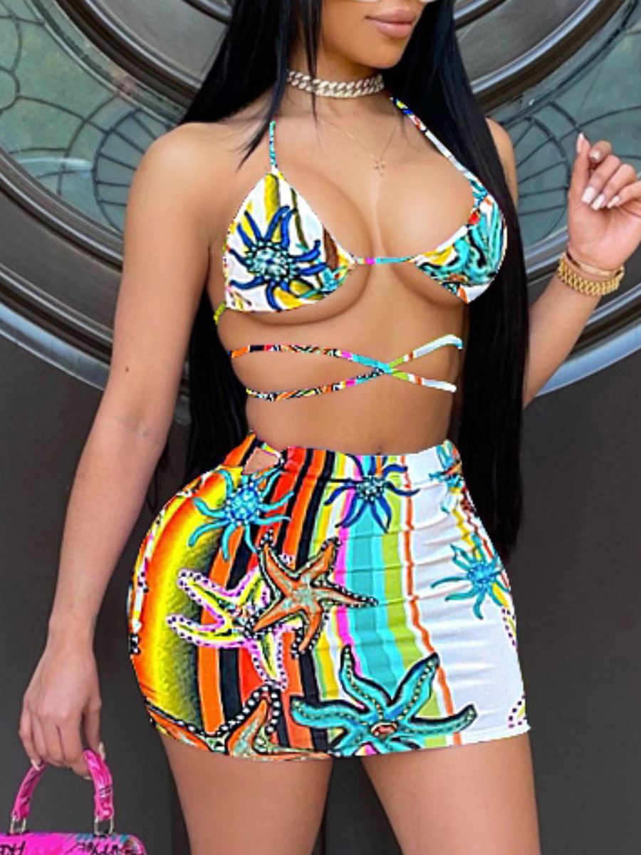 

Lovely Boho Striped Sea Animal Print Blue Two Piece Skirt Set