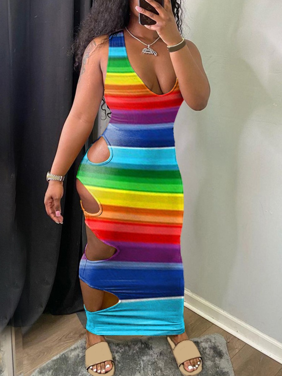 

Lovely Sexy Rainbow Striped Hollow-out Multicolor Ankle Length Dress, Multi