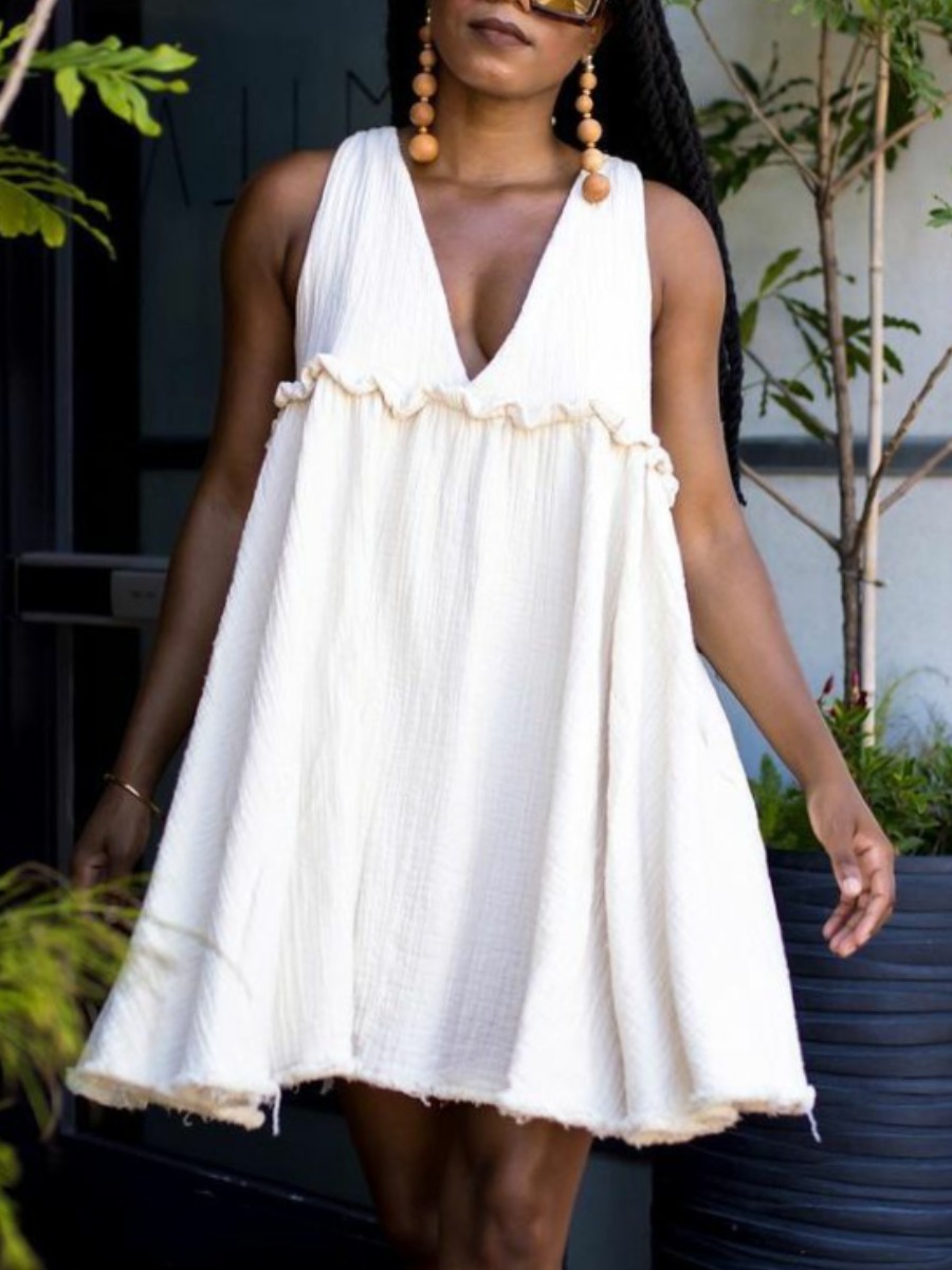 

Lovely Street V Neck Flounce Design White Mini A Line Dress