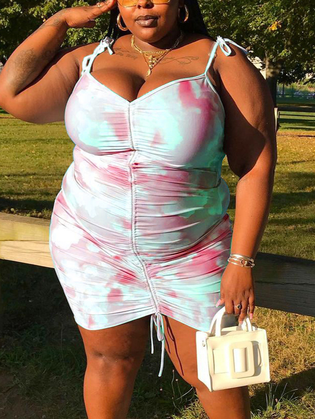 

Lovely Plus Size Casual Tie-dye Drawstring Pink Knee Length Dress