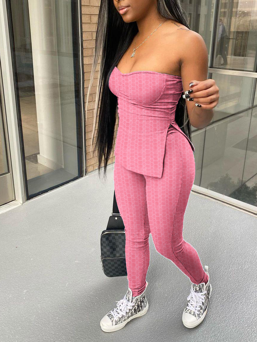 

LW Casual Off The Shoulder Side Split Pink Two Piece Pants Set