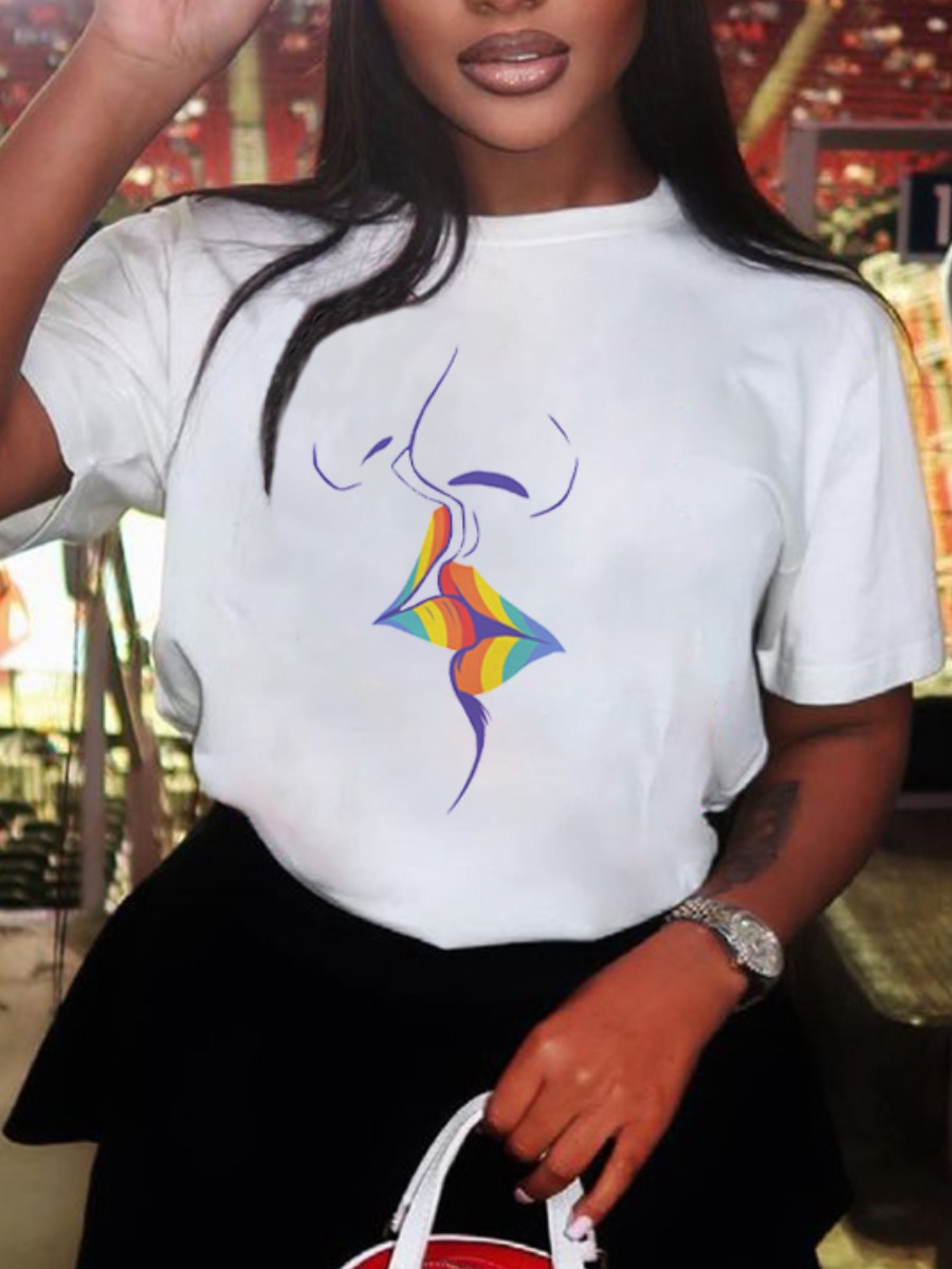 

Lovely Casual O Neck Lip Print White T-shirt
