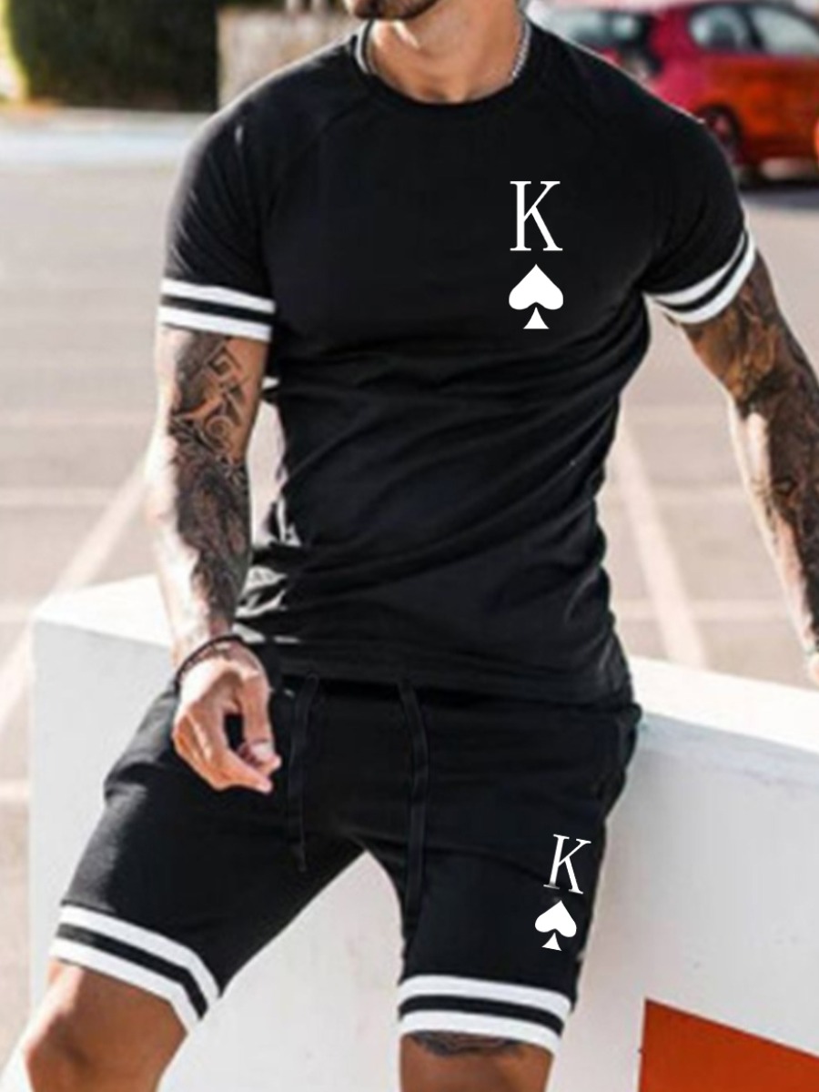 

Lovely Men Casual Letter Print Striped Black Two Piece Shorts Set