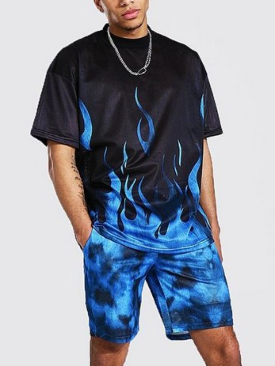 

Lovely Men Casual O Neck Flame Print Black Two Piece Shorts Set