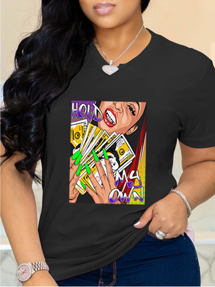

Lovely Casual Money Letter Print Black T-shirt
