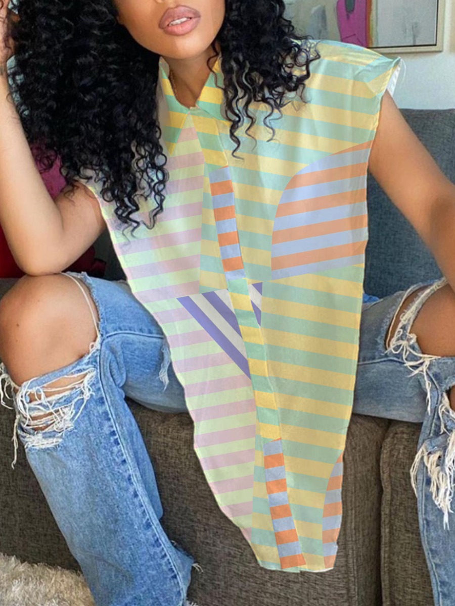 

Lovely Casual Striped Split Multicolor Blouse, Multicolor stripe