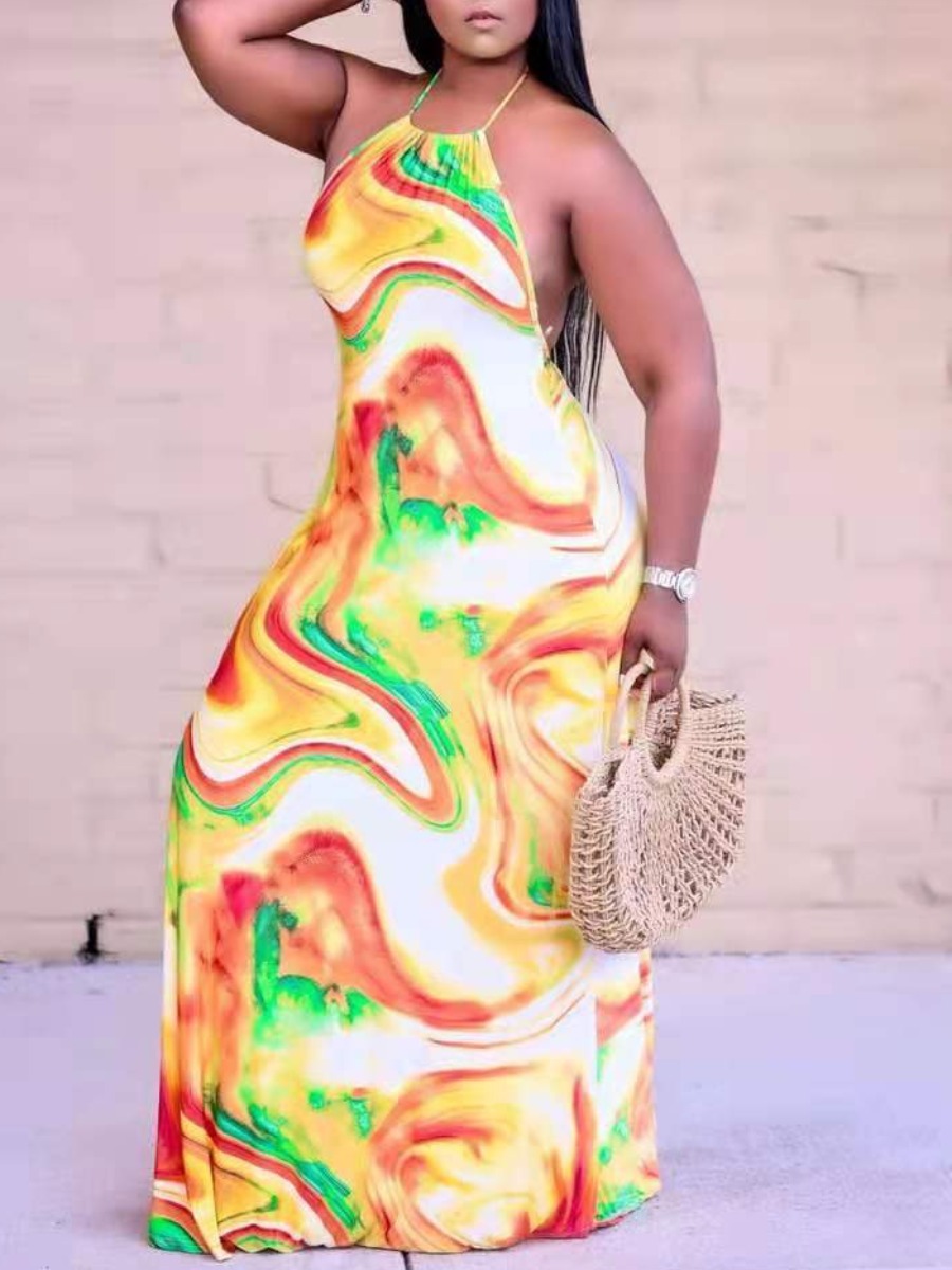 

Lovely Plus Size Casual Spaghetti Strap Whirlpool Multicolor Floor Length Dress, Multi