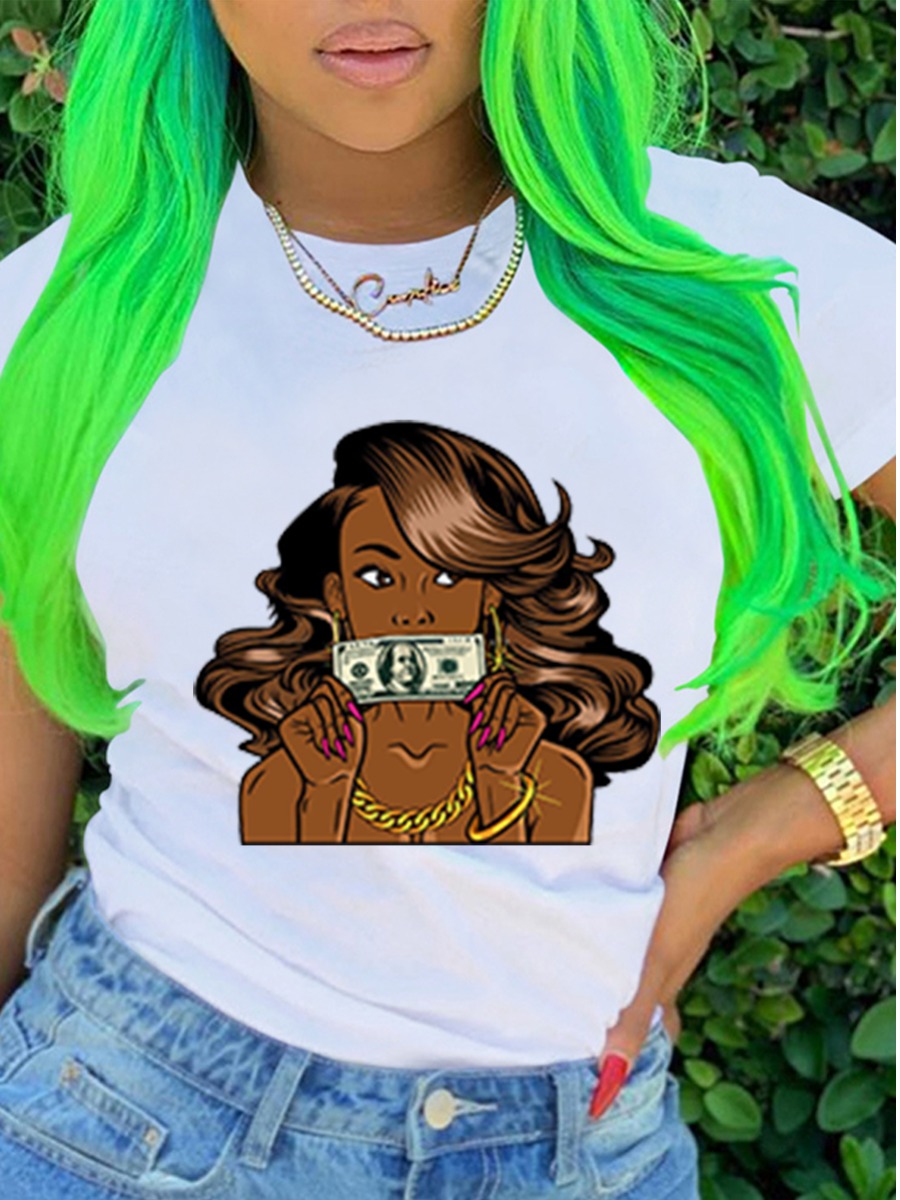 

Lovely Casual Money Figure Print White T-shirt