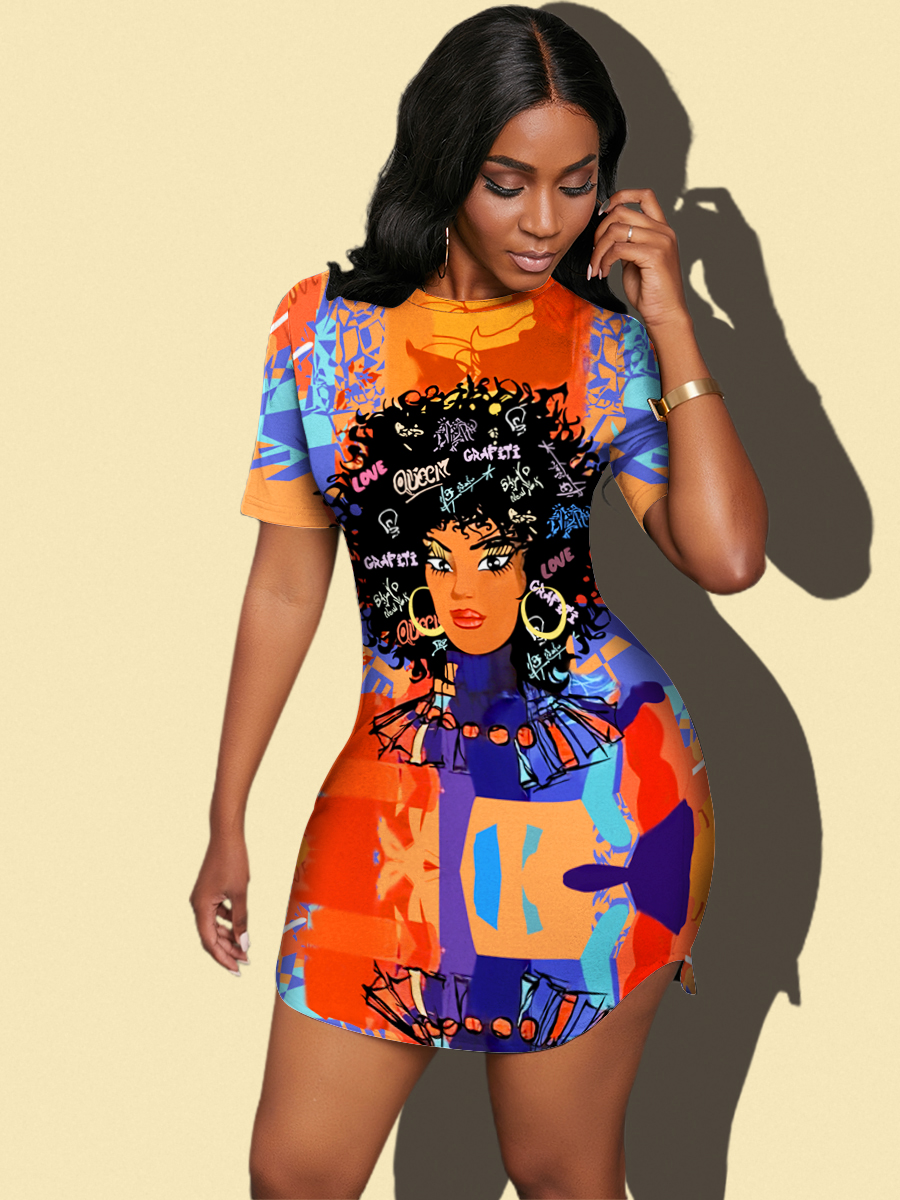 

LW BASICS Casual Figure Print Patchwork Multicolor Mini Dress, Multi