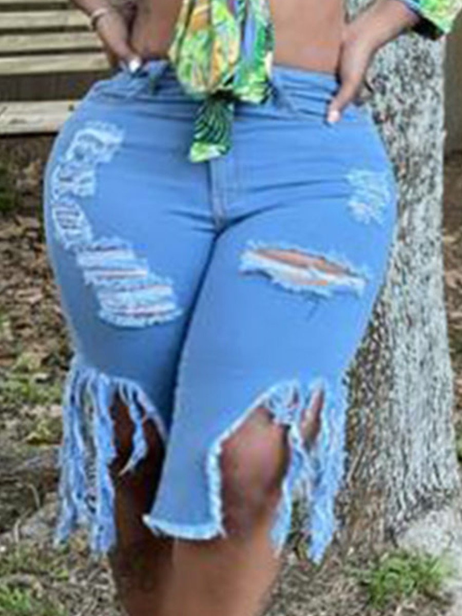 LW Plus Size Street Mid Waist Ripped Blue Denim Shorts