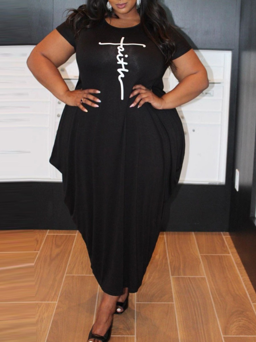 LovelyWholesale Plus Size Casual Letter Print Fold Design Black Ankle Length Dress Summer Short Sleeve Casual Pocket Design Round Spring Summer 2024