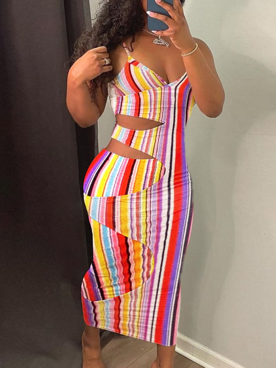 

Lovely Plus Size Casual Striped Hollow-out Red Ankle Length Dress