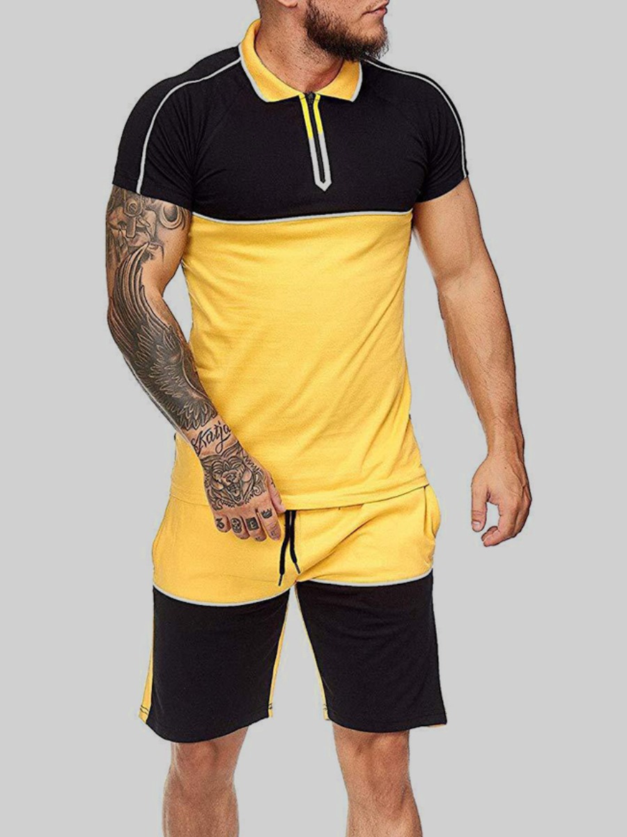 

Lovely Men Street Color-lump Drawstring Yellow Two Piece Shorts Set