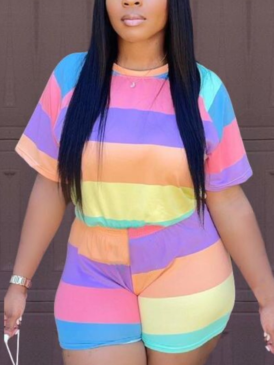 

Lovely Casual O Neck Striped Multicolor Two Piece Shorts Set, Multi