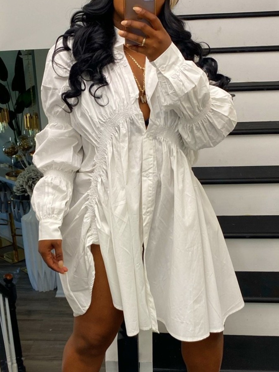 

LW Casual Button Fold Design White Knee Length Shirt Dress