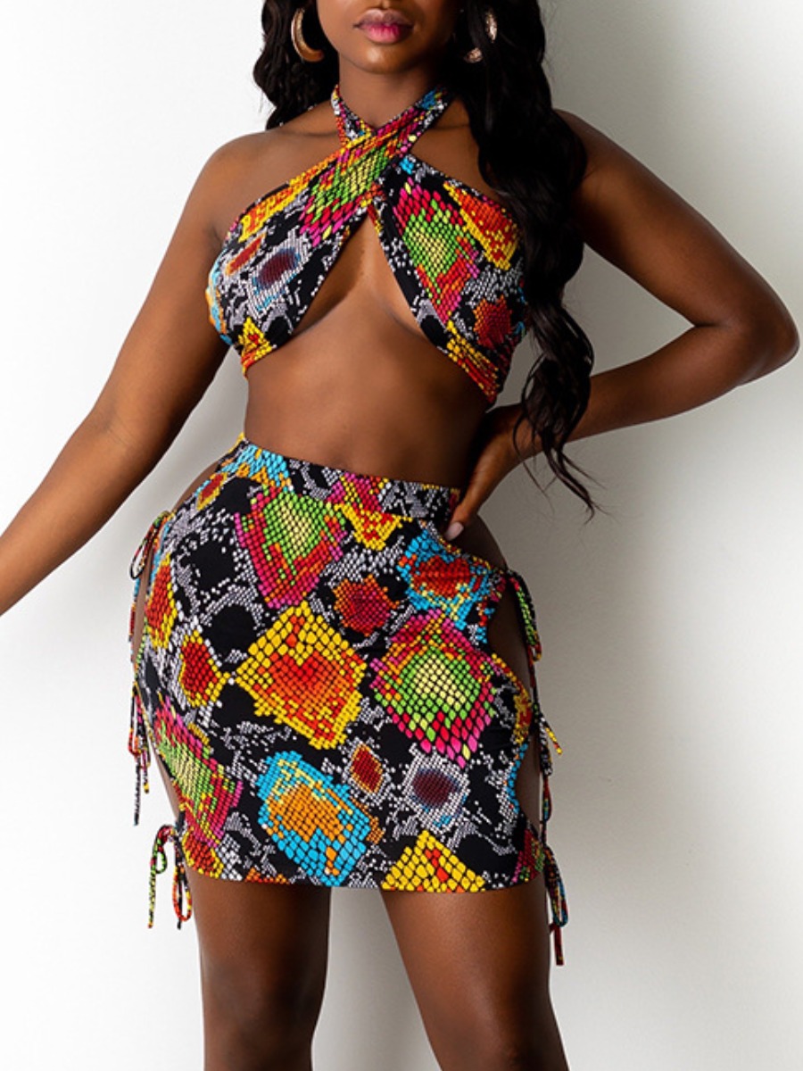 

Lovely Sexy Print Bandage Hollow-out Design Yellow Two Piece Skirt Set