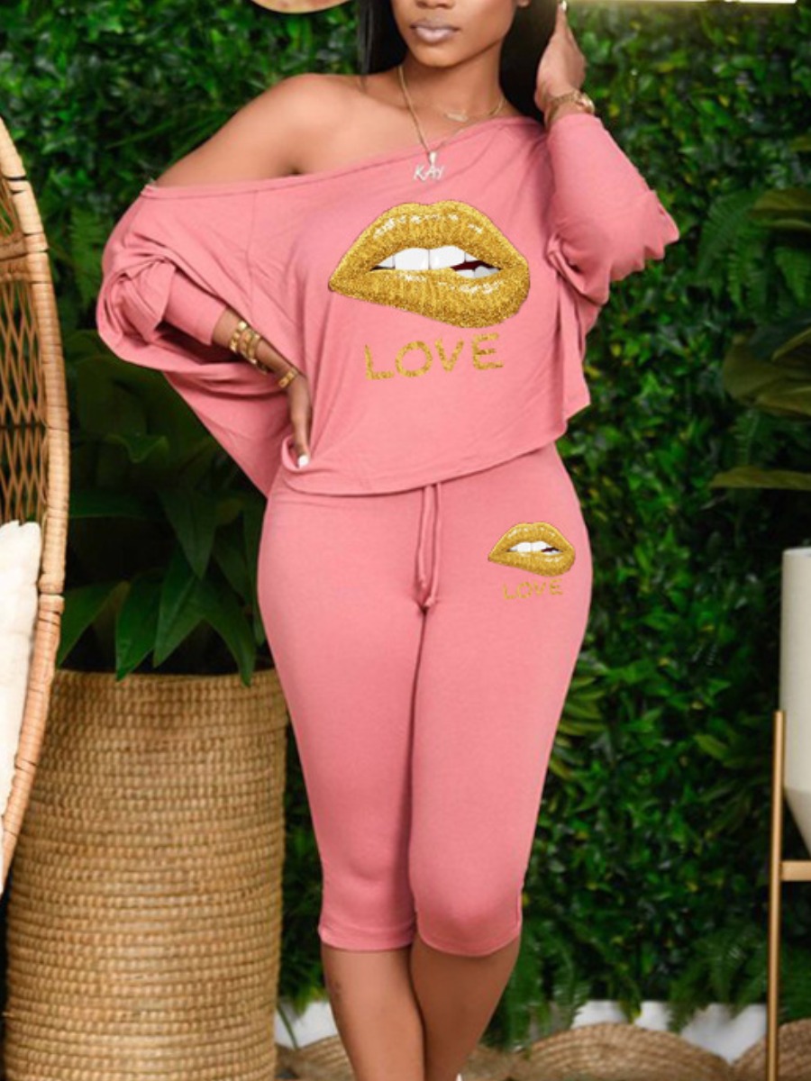 

Lovely Casual Lip Print Drawstring Loose Pink Two Piece Shorts Set