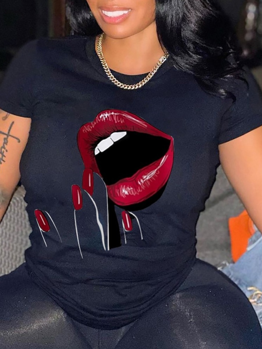 

LW BASICS Casual O Neck Lip Print Black T-shirt
