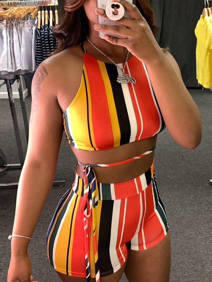 

LW Street Striped Bandage Design Red Two Piece Shorts Set