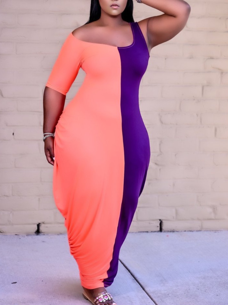 

Lovely Plus Size Casual Color-lump Fold Design Orange Ankle Length Dress