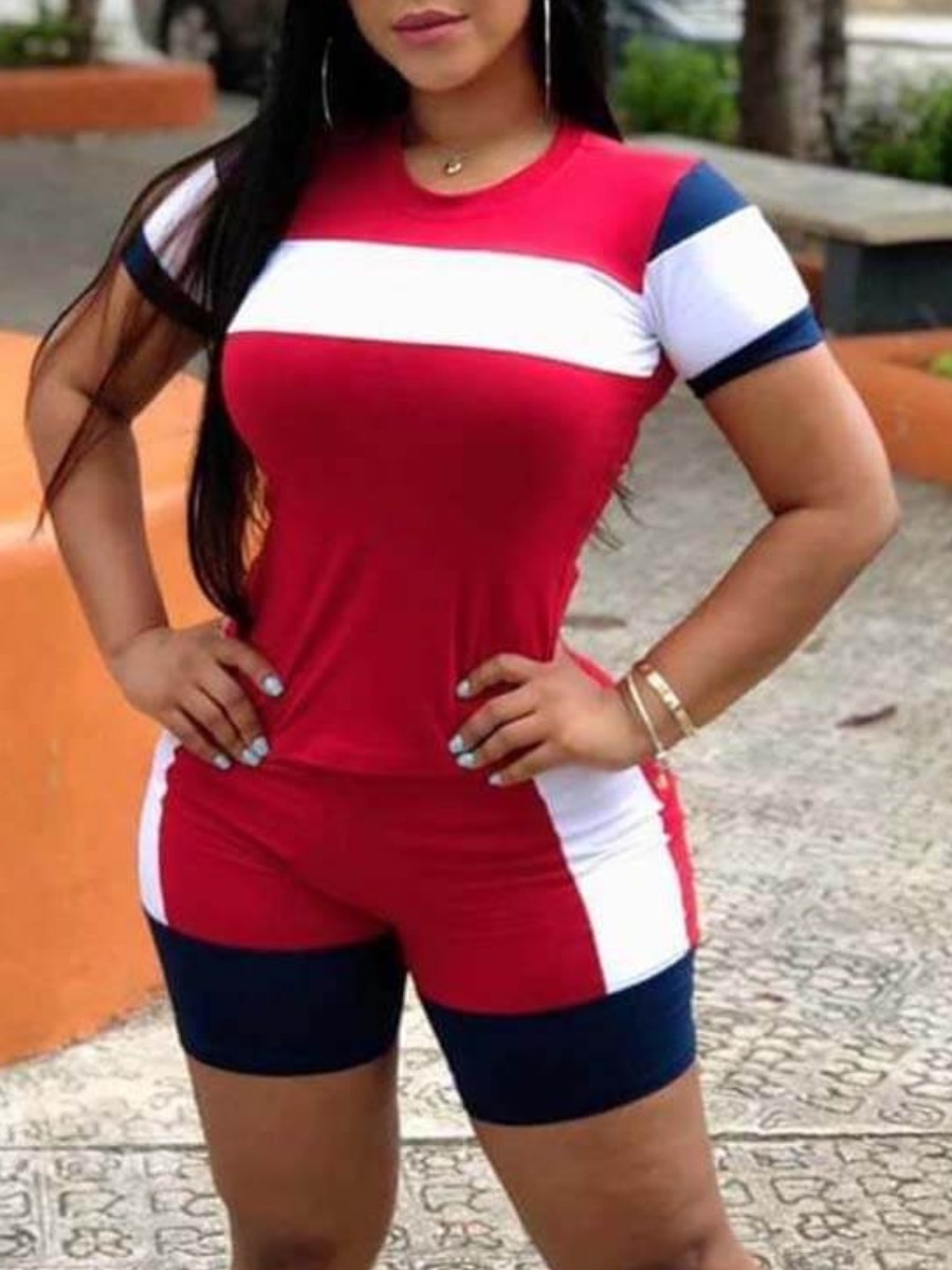 

Lovely Leisure O Neck Patchwork Red Two-piece Shorts Set