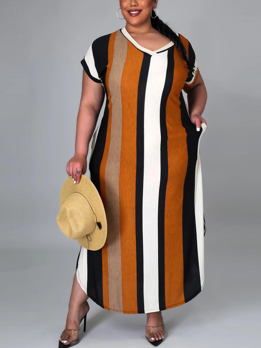 

Lovely Plus Size Casual Striped Split Croci Mid Calf Dress
