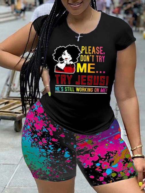 

LW Plus Size Casual Figure Letter Print Splash-ink Design Black Two-piece Shorts Set
