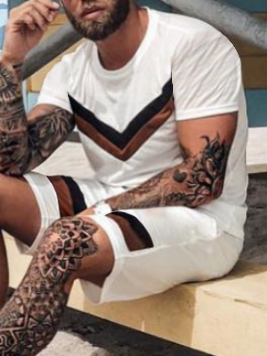 

LW Men Casual Color-lump Drawstring White Two Piece Shorts Set