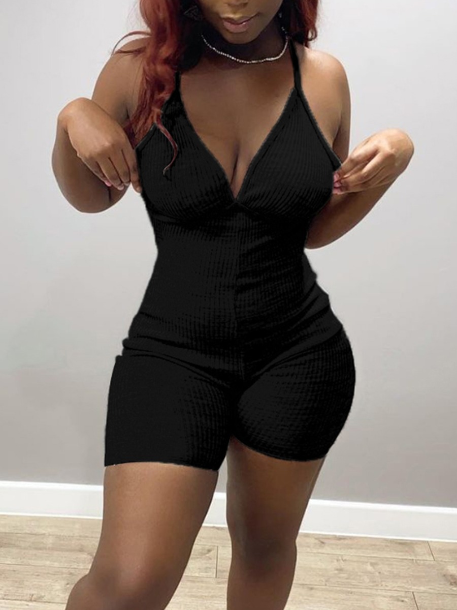 

Lovely Casual V Neck Rib-Knit Black One-piece Romper