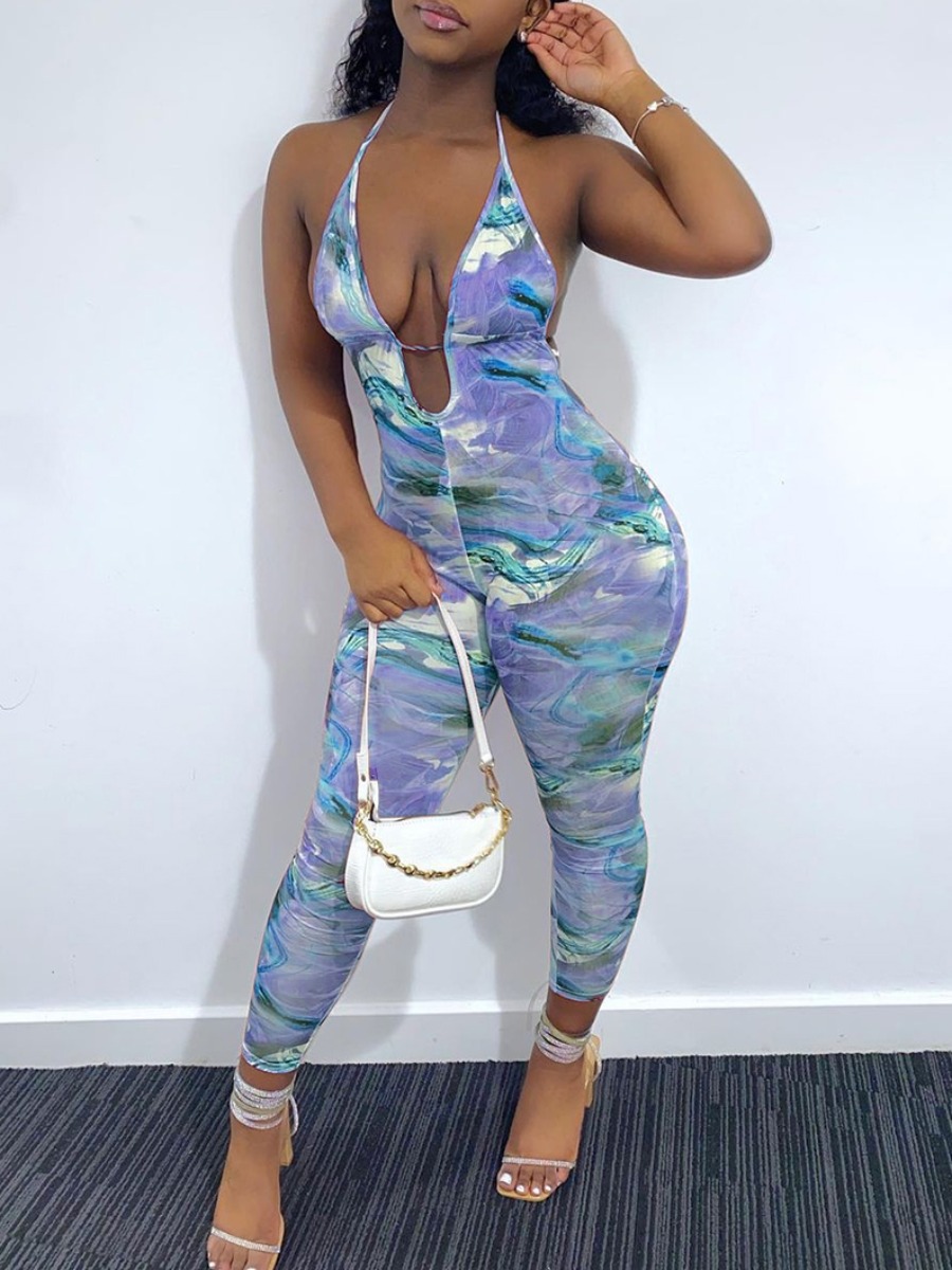 

Lovely Street Backless Print Blue One-piece Jumpsuit