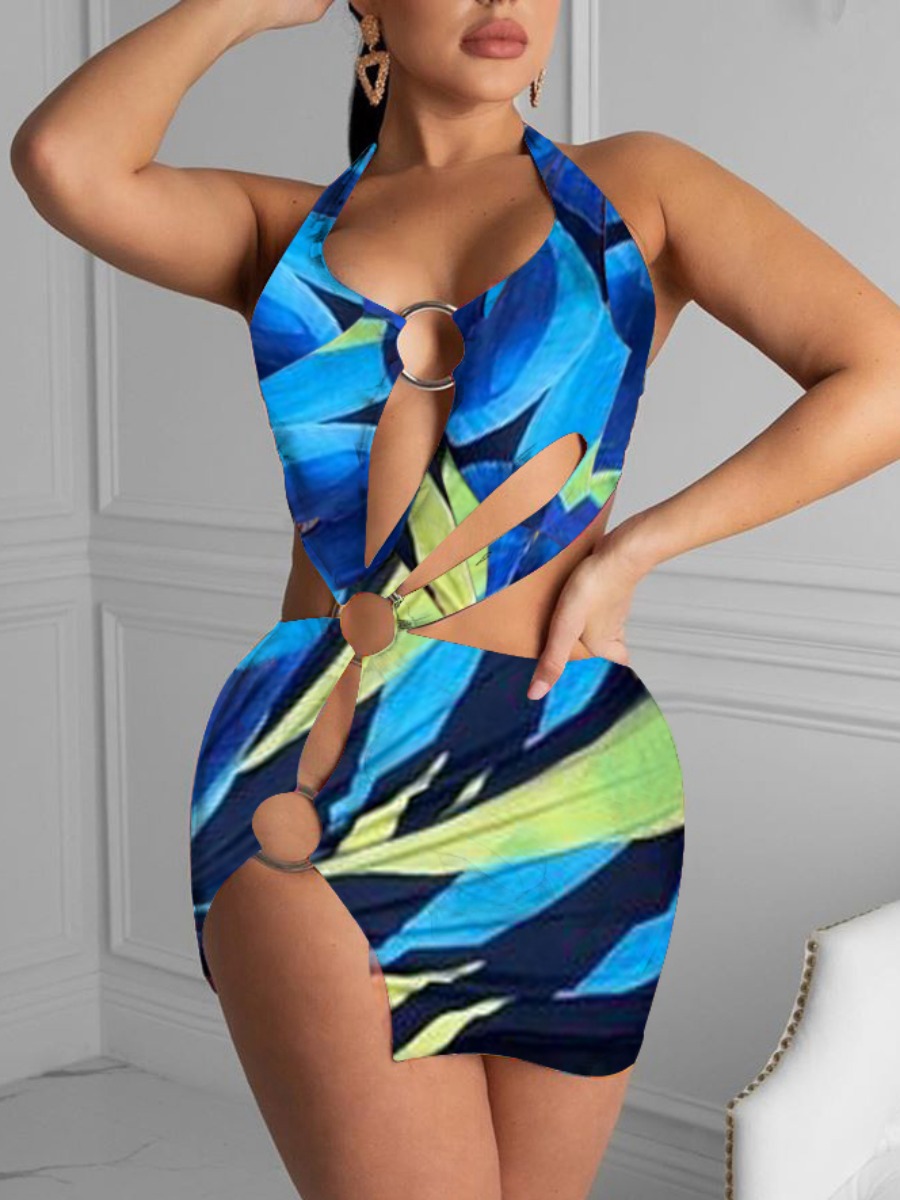 

Lovely Sexy Backless Print Metal Ring Decoration Blue Cover-up