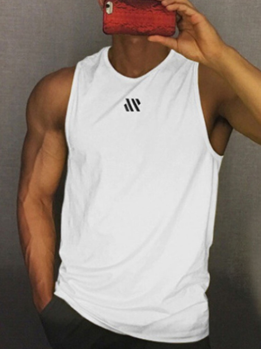 

Lovely Men Sporty O Neck Print White Active Vest