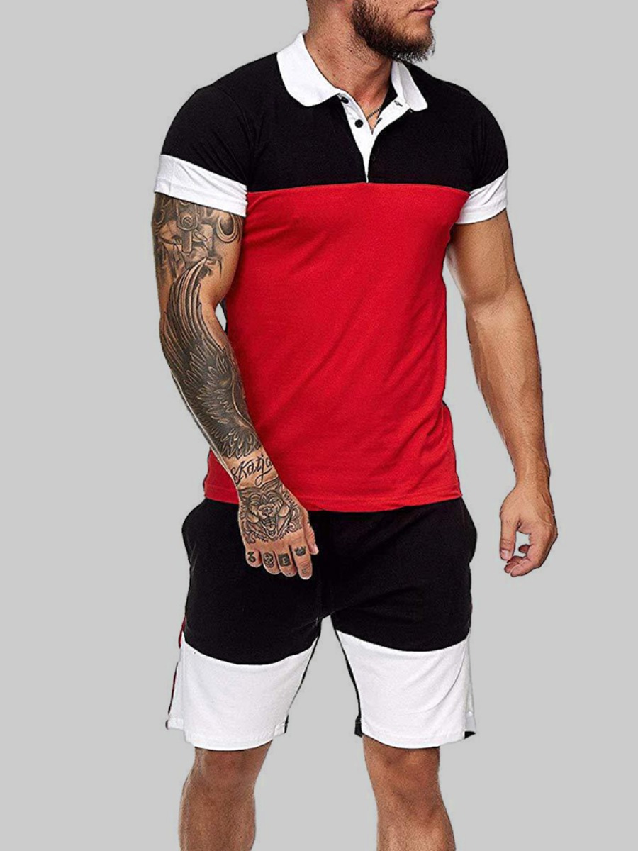 

LW Men Casual Turndown Collar Color-lump Red Two Piece Shorts Set